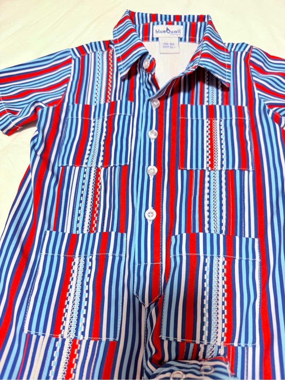 Blue Quail Red & Blue Guayabera Striped Button Romper